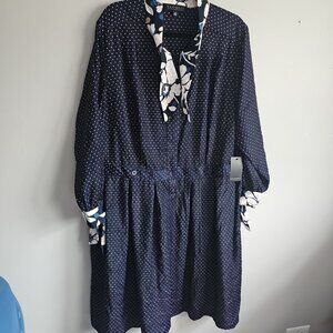 NWT Eloquii Studio Womens Size 22 Floral and Polka Dot Blue Long Sleeve Dress